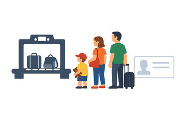 Family traveling at airport: security check with luggage and id