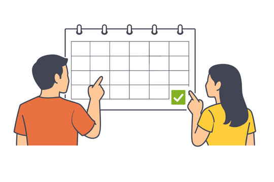 Male and female reviewing calendar with marked date