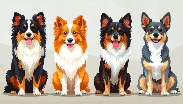 Vector illustration of four happy Border Collie dogs with varied coat colors sitting in a row.