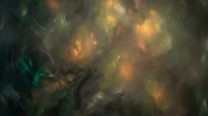 Dark moody abstract background with swirling orange and green lights on a blurry textured surface
