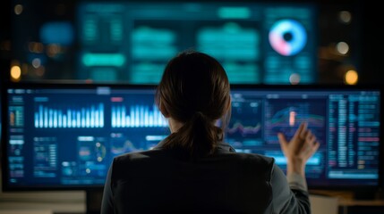 Female data analyst working late, touching large screens displaying real-time graphs and digital statistics, concept for financial planning, technology advancement and corporate strategy