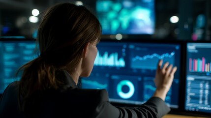 Rear view of female financial analyst studying digital stock market data charts on multiple monitors in a dark office, concept for investment strategies, business analytics and big data visualization