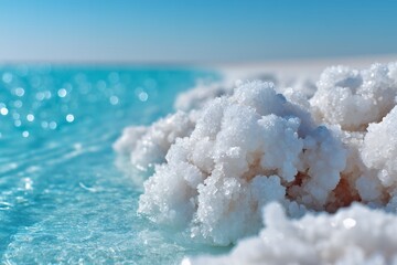 Sparkling white sea salt crystals adjacent to vibrant turquoise water under a clear sky, concept for spa treatment design, natural minerals branding and exotic coastal tourism