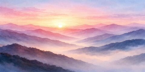 Obraz premium A breathtaking sunrise over snow-capped mountains reveals a misty valley and forest under a golden morning sky filled with soft clouds at dawn