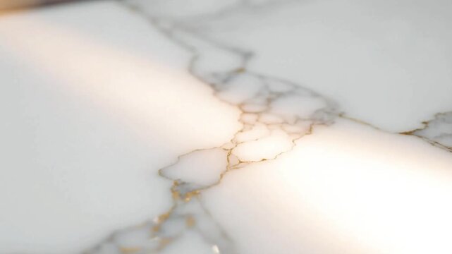 Extreme close up perspective reveals the luminous, highly polished white marble surface featuring intricate gray veining accented with subtle shimmering gold highlights reflecting bright light.