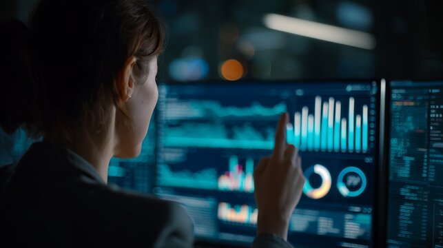 Professional female financial analyst pointing at dynamic stock market data and analytics dashboards on multi-monitors, concept for business intelligence, financial technology and market analysis - Powered by Adobe