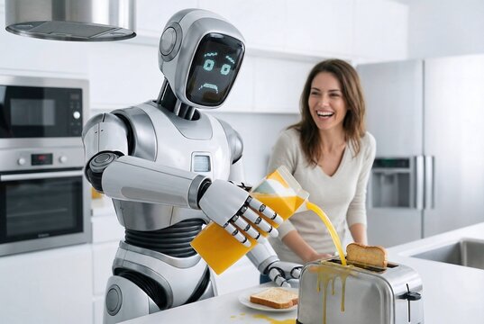 Robot mishap pouring orange juice into toaster, challenges of integrating technology into domestic life
