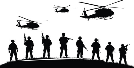 Military soldiers silhouette with helicopters in combat formation, armed forces operation concept, tactical team standing on battlefield horizon isolated on white background © Hello there