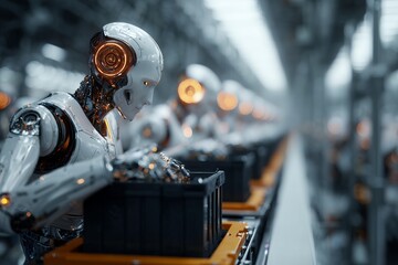 Sleek white cyborg robot placing components on an automated assembly line within a modern industrial environment, concept for AI integration, futuristic manufacturing and technological progress