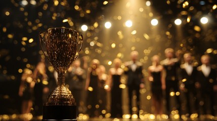 Shiny golden award trophy under bright spotlights with blurred celebrating professionals in the background, concept for corporate awards, executive achievement celebration and organizational success