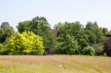 A picturesque view of the Orekhovno estate park and manor house. Orekhovno village, Pustoshkinsky district, Pskov region, Russia