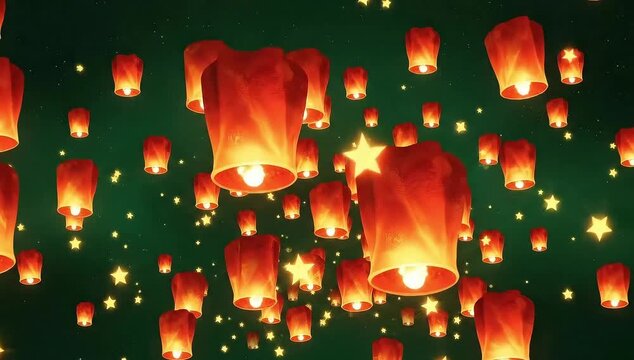 Thousands of glowing sky lanterns flying in night sky with stars, 3D animation for Chinese New Year 2026, Mid-Autumn Festival, and make a wish concepts.