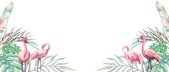 Watercolor frame of palm branches and pink flamingo with space for text. Pink flamingo in tropical leaves and palm branches. Tropical summer travel banner. Tropical frame for design and invitation