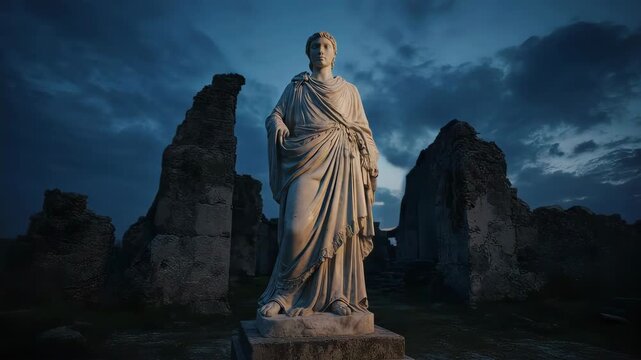 Statue of a historical figure standing in front of the ruin remains