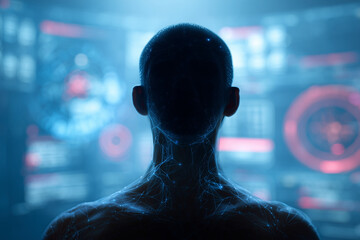 A man's head is shown in a computer monitor with a blue background