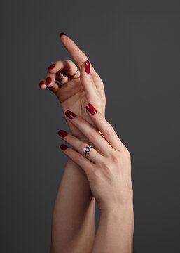 Beautiful glamour photo of elegant female hands with bright burgundy manicure on gray background. Long square nails with dark red gel polish. Luxury fashion style of brilliants jewelry rings