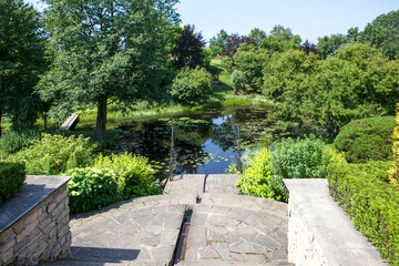 Picturesque pond and park of the Orekhovno estate. Orekhovno village, Pustoshkinsky district, Pskov region, Russia