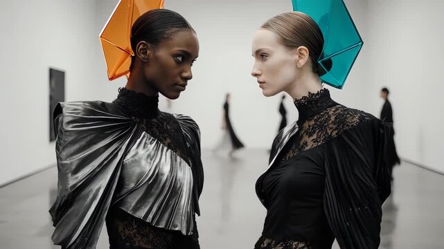 Two fashion models wearing futuristic geometric headpieces at modern runway show
