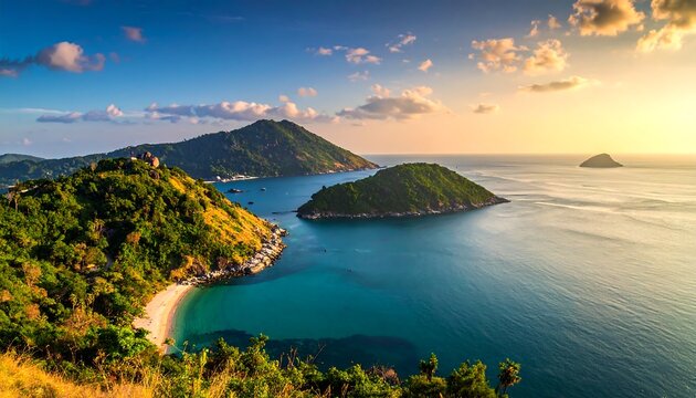 Breathtaking aerial view of Promthep Cape in Phuket, Thailand at sunset.