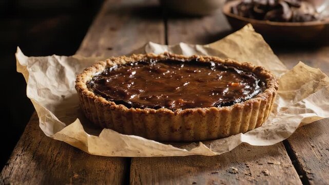 Delicious caramel tart with a rustic ambiance, presented on wooden surface.