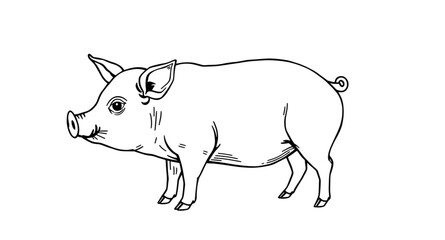 Fototapeta premium pig, hog, piglet, livestock, farm, animal, outline, sketch, drawing, lineart, handdrawn, vector, illustration, doodle, contour, minimal, simple, blackandwhite, rural, agriculture, farming, barnyard, c