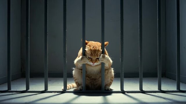 Ginger tabby cat sitting behind metal bars in dark room. Lockdown medium shot.