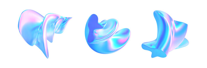 Fototapeta premium 3d hologram abstract shape. Glass liquid y2k figure. Surreal metal spiral form holographic effect. Twist crystal blue pink neon gradient. Vector render illustration