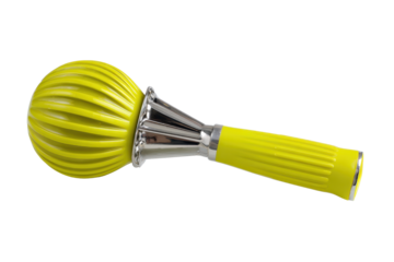 A handheld manual citrus juicer reamer with a ribbed cone head, textured handle grip and clean plastic or metal sheen for extracting juice isolated on transparent background.