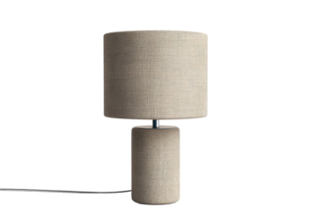 A modern table lamp with a fabric shade, slim base, visible cord exit and soft reflections highlighting the shade weave with the lamp off isolated on transparent background.