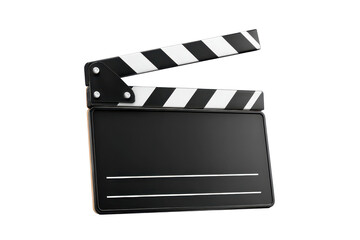 Fototapeta premium A film clapperboard with a striped hinged top, blank slate area, visible hinge screws and a matte board texture with clean edges isolated on transparent background.