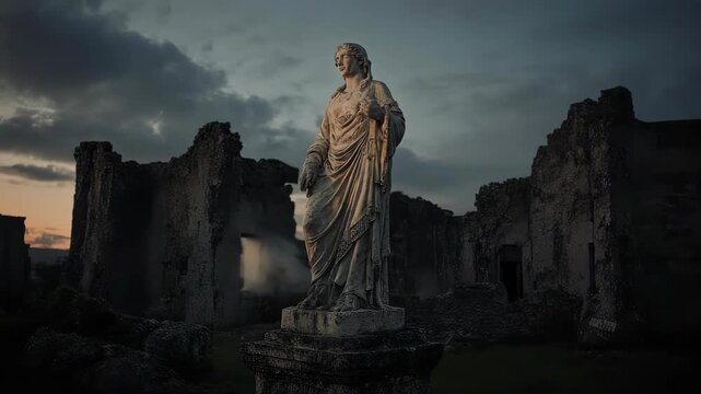 Marble statue in front of old ruin at dusk with dramatic sky and ancient architectural structure