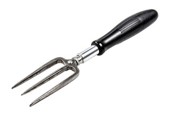 Obraz premium A compact hand cultivator rake with three metal prongs showing slight wear, ergonomic handle grip texture and clean tool contours isolated on transparent background.