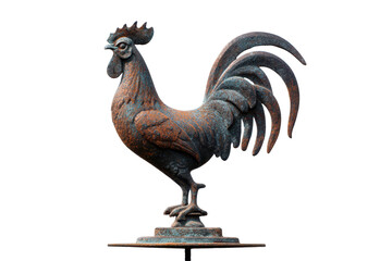 A rooster shaped weather vane ornament on a small mounting base with crisp metal silhouette details, slight patina and clean defined edges isolated on transparent background.