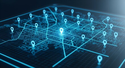 Obraz premium Digital city map interface with glowing blue grid lines and location pin markers representing smart urban planning global logistics navigation systems and geographical information tracking networks