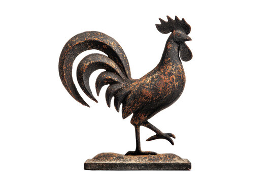 A rooster shaped weather vane ornament on a small mounting base with crisp metal silhouette details, slight patina and clean defined edges isolated on transparent background.