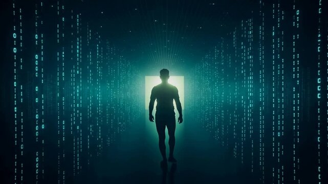 Anonymous male silhouette walking through digital matrix corridor. Glowing light emanating from chest during forward camera movement.