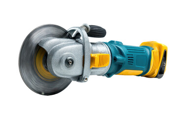 A compact angle grinder with a protective guard, visible disc mount, textured grip and side handle, plus reflective metal gear housing details isolated on transparent background.