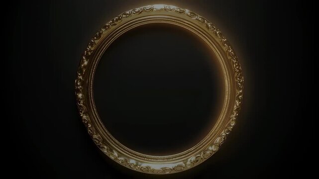 An ornate, oval, golden frame with decorative carvings against a dark background