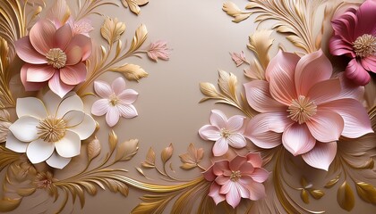 a detailed floral wallpaper with pink and gold flowers on a beige background featuring intricate details and a luxurious feel