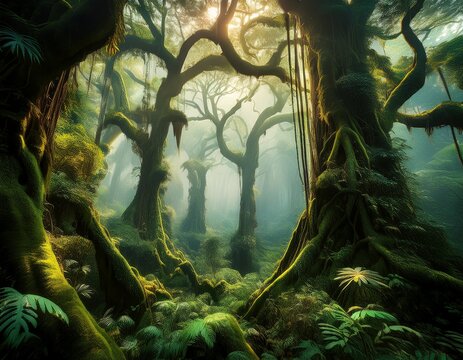 a misty jungle filled with towering centuries old trees covered in moss and vines