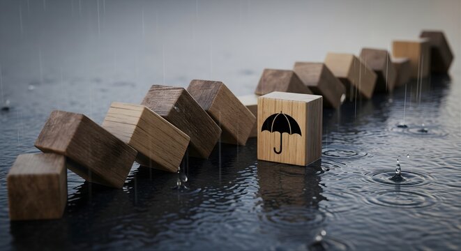 Domino effect of wooden blocks falling in rain symbolizing risk management insurance and protection against unpredictable events and challenges