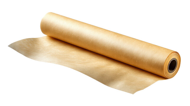 A roll of kitchen parchment paper partially unrolled with visible paper texture, a gently curled leading edge and a cardboard core detail isolated on transparent background.