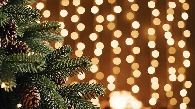 Close up of a Christmas tree branch with pine cones and blurred festive lights in the background.