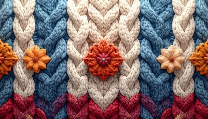 Colorful Knitted Pattern with Flowers and Braids.