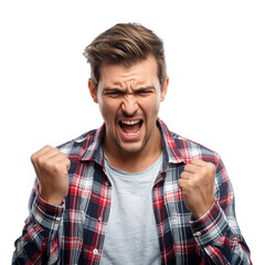 A young man with light skin and brown hair wearing a plaid shirt expressing excitement and triumph on transparent background