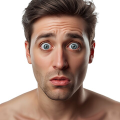 A close-up of a young man's surprised face with wide open eyes and raised eyebrows on transparent background