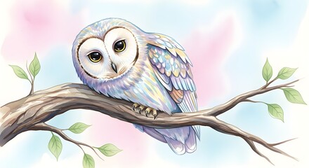 Whimsical illustration of an adorable barn owl with soft pastel feathers, peacefully perched on a tree branch against a dreamy background, capturing serene woodland beauty
