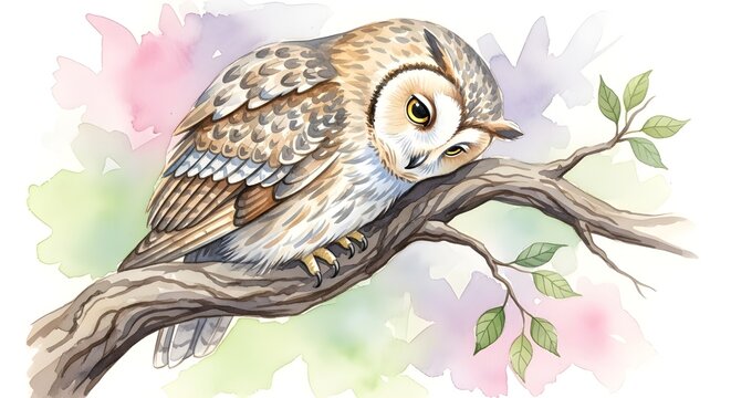 Charming Barn Owl Perched on a Twig with Soft Watercolor Background and Delicate Green Leaves