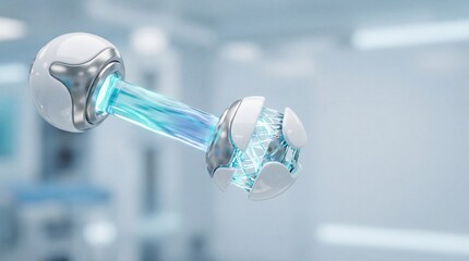 Futuristic medical / energy transfer object.Sleek silver robotic arm with glowing blue tube in futuristic laboratory setting with blurred background