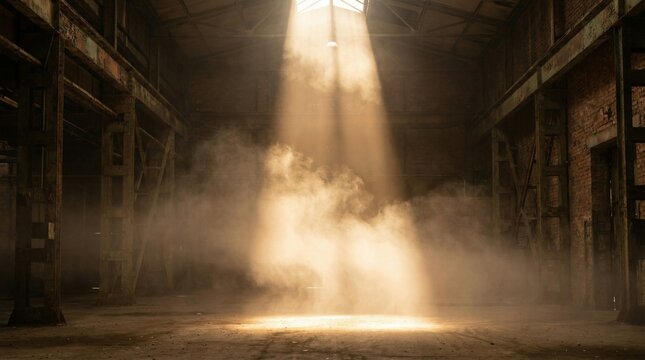 Dramatic ray of sunlight shining through dusty air in an abandoned industrial warehouse interior, volumetric light beam hitting the dirty floor of the old factory